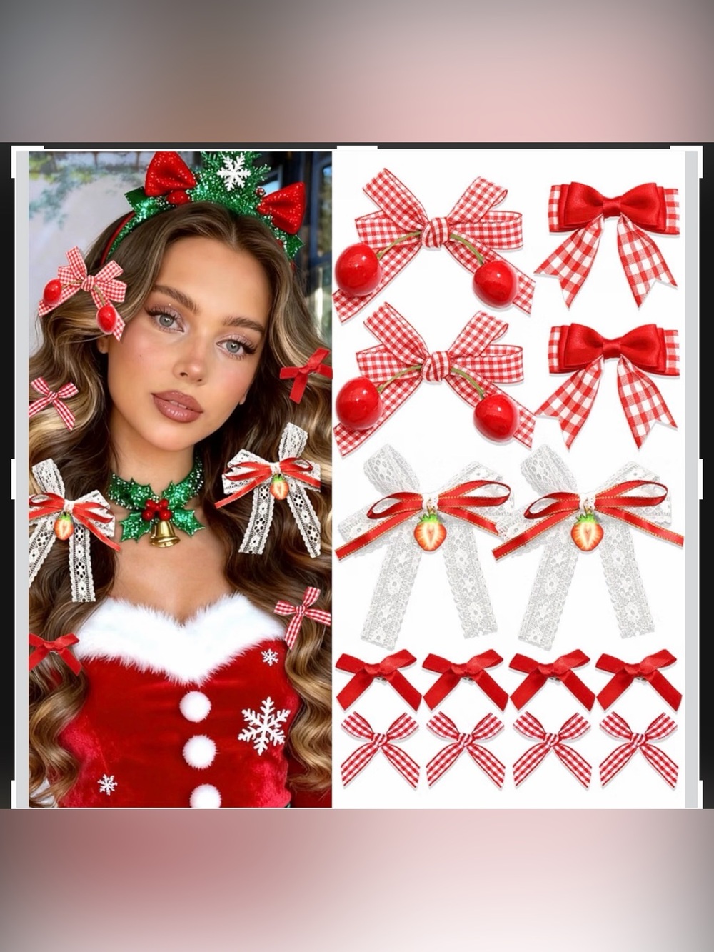 Festive Red & White Holiday Hair Bows - Set of Decorative Ribbon Bows